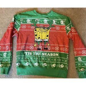 SPONGEBOB CHRISTMAS SWEATSHIRT TOP mens size MEDIUM RED GREEN SNAILS CUTE!